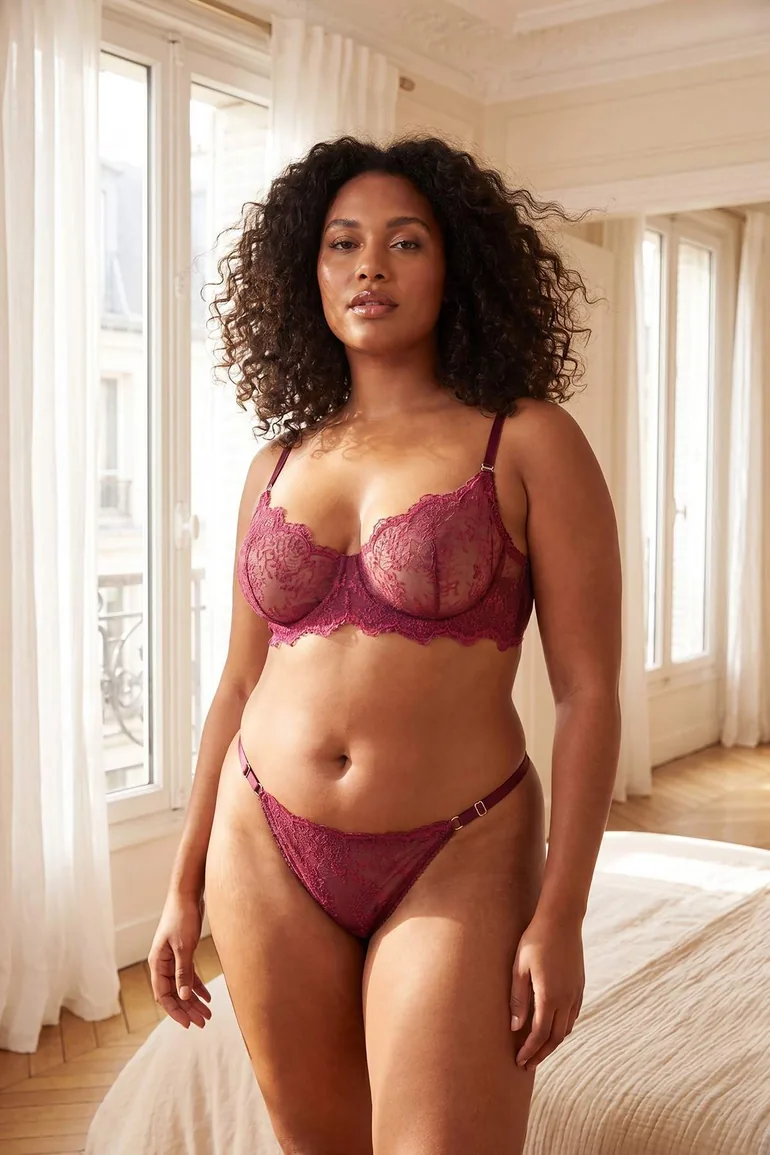 Burgundy Underwire Embroidered Floral Capless Plus Size Lingerie Set - 5