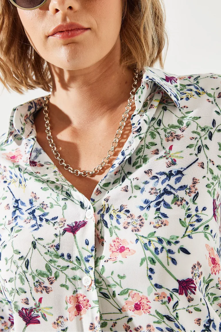 Women's Sleeve Folded Floral Patterned Shirt - 3