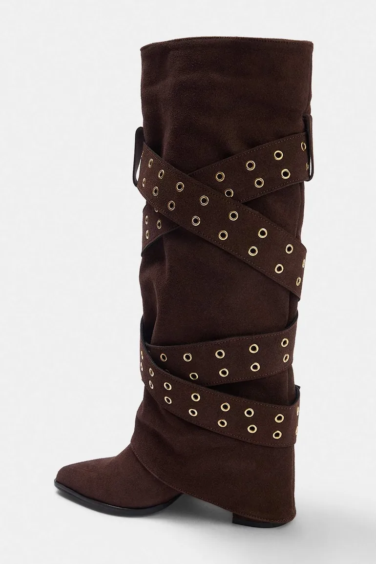 Brown Gold Belt Buckle Detailed Women's 6.5 cm Boots - 6