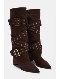 Brown Gold Belt Buckle Detailed Women's 6.5 cm Boots - 3