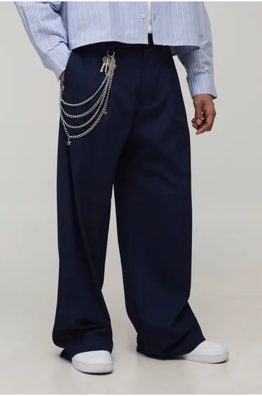 Baggy Fit Pinstripe Pleat Front Smart Trouser With Chain - navy
