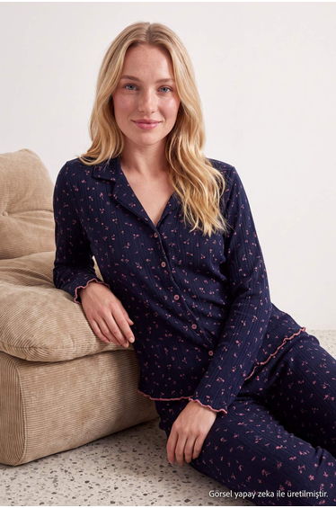 Navy Blue Floral Ribbed/Pointel Knitted Pajama Set product thumbnail 3