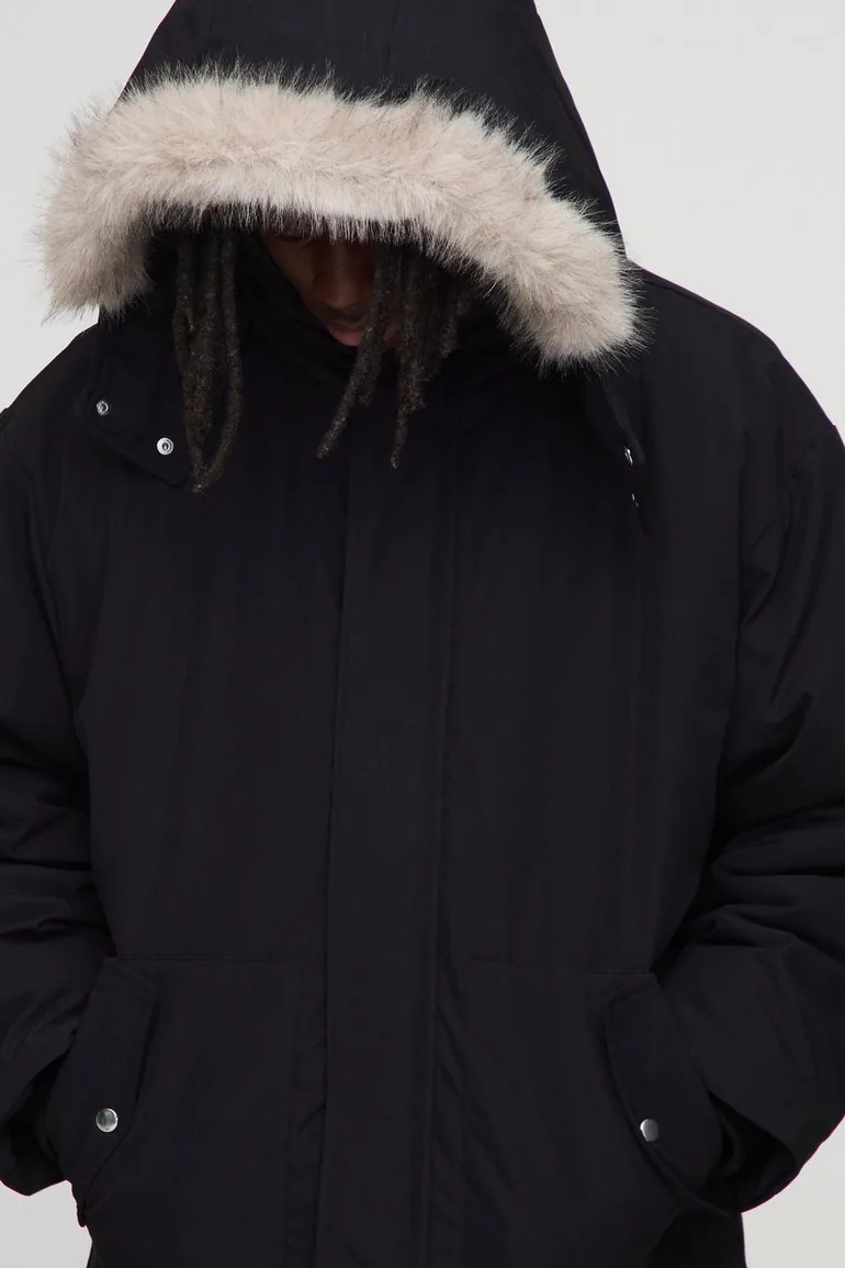 Oversized Faux Fur Trim Hooded Funnel Parka Jacket - black - 2