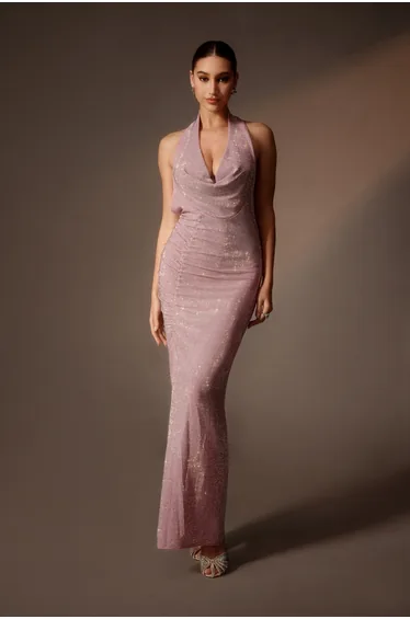 After Party Pink Rhinestone Cowl Neck Side Slit Maxi Dress