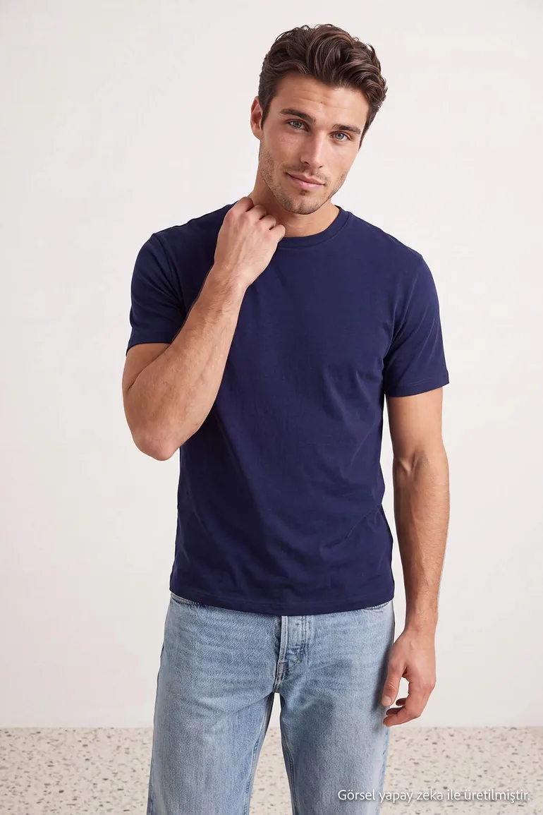 Grey-Navy Blue-Stone-Burgundy-Khaki 5-Pack Regular Fit Basic 100% Cotton T-Shirt - 4