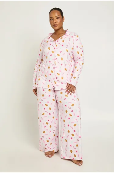 Plus Gingerbread Man Print Long Sleeve Shirt And Trousers Pyjama Set - pink