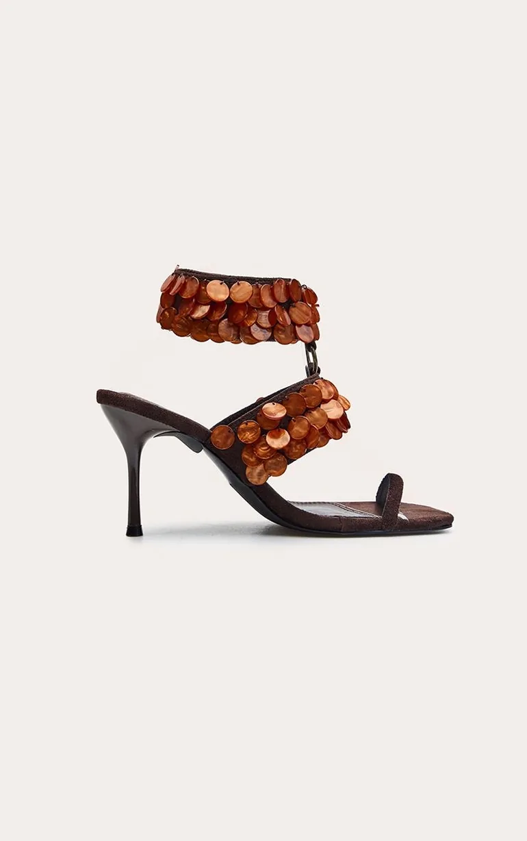 Chocolate Faux Suede Shell Trim Caged Kitten Heels - 1
