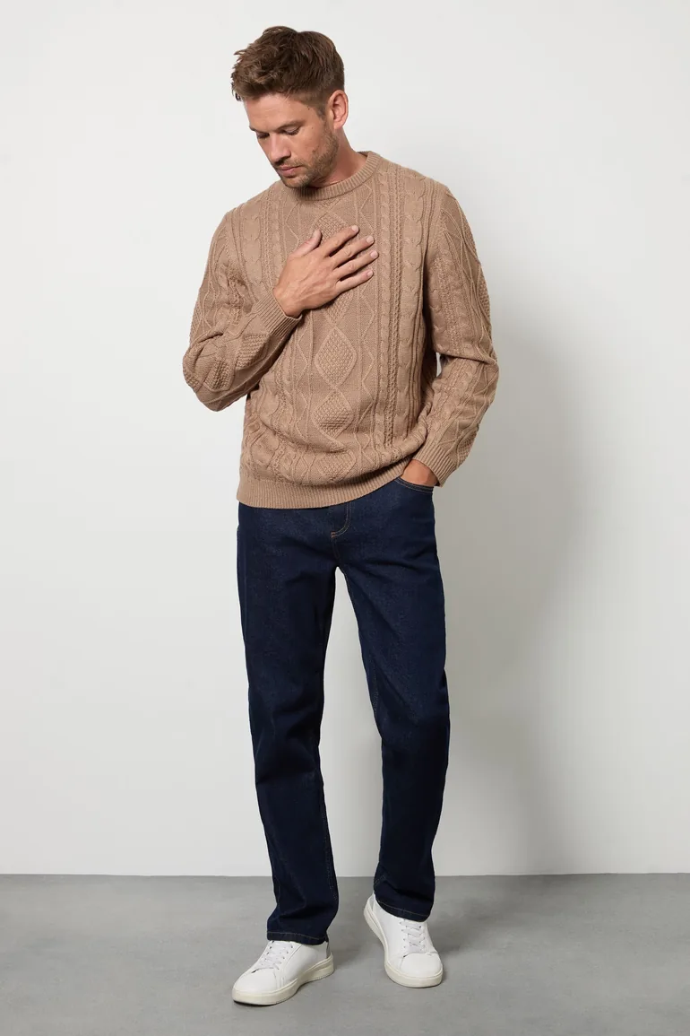 Taupe Cable Knit Crew Neck Jumper - 1