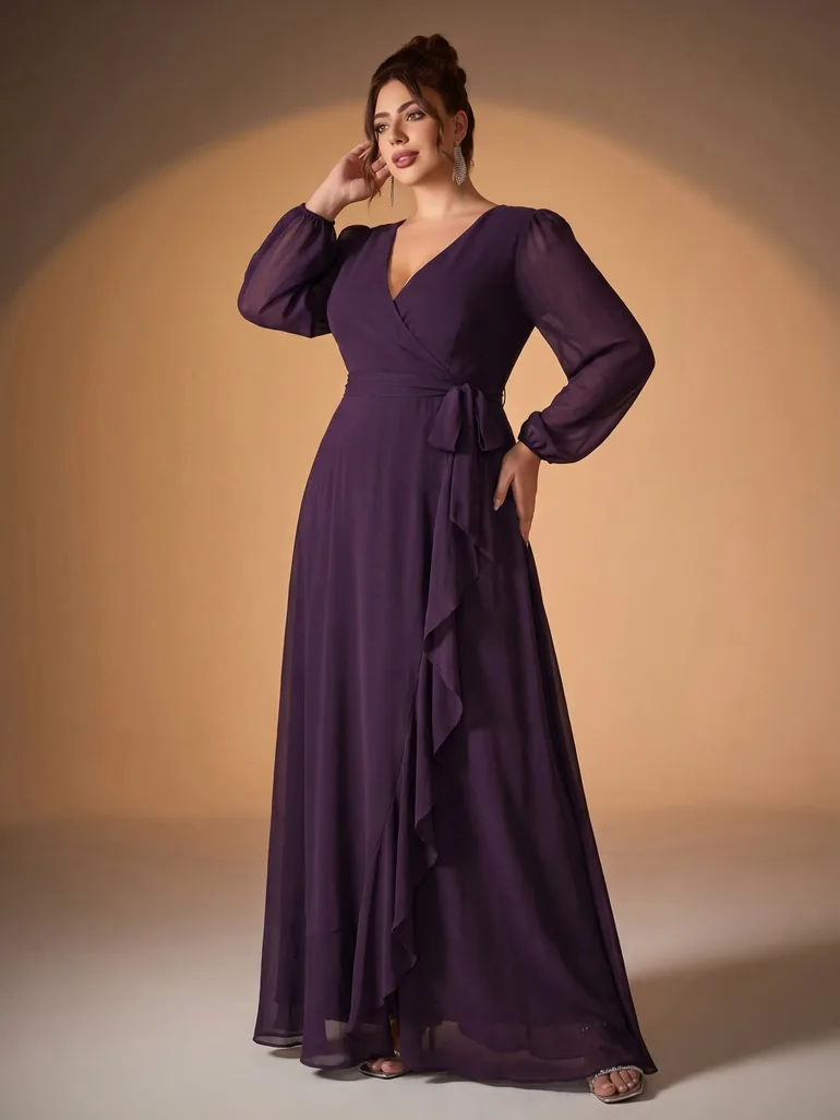 Leely Plus Women's Elegant V-Neck Chiffon Bridesmaid Dress - 1