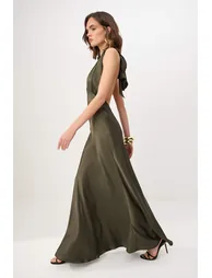Khaki Woven Satin Maxi Evening Dress & Graduation Gown - 1