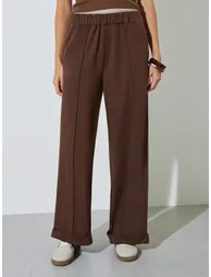 Brown Solid Wide Leg Joggers - 1
