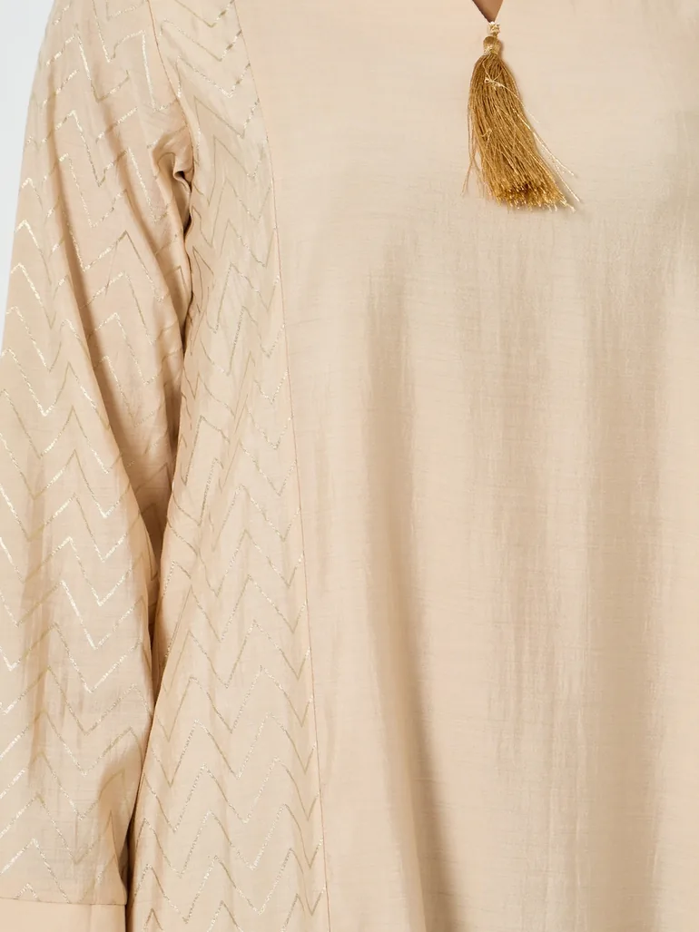 Beige Zig Zag Foil Print Jalabiya - 4