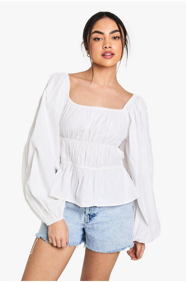 Ruched Cotton Poplin Blouse - white