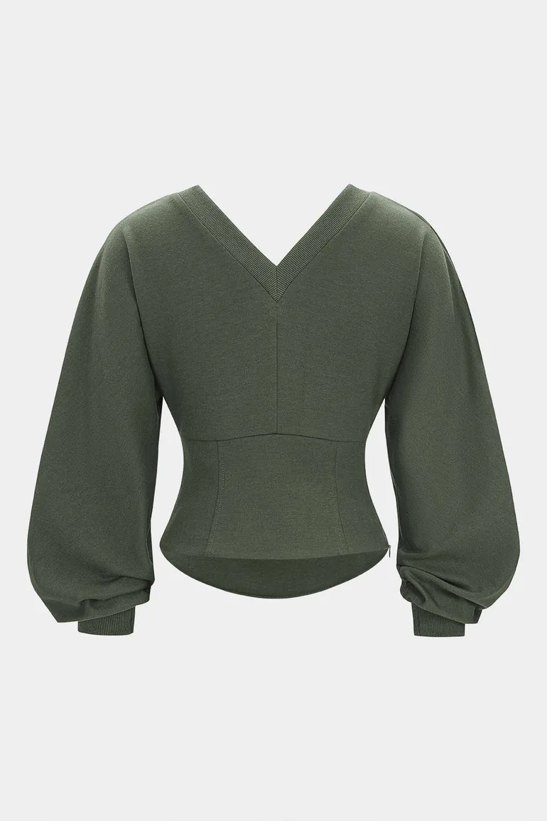 Solid V-Neck Waist-Cinching Sweatshirt - 1