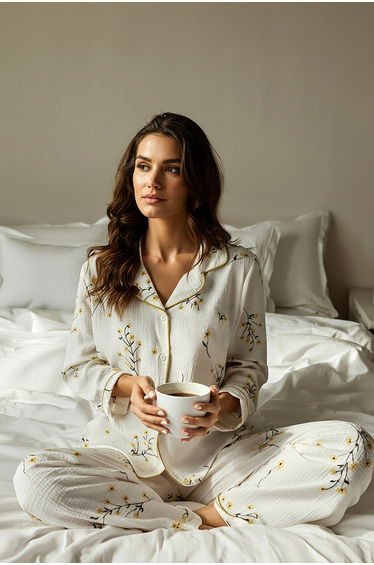White-Yellow Textured Floral Ribbed Knitted Pajama Set