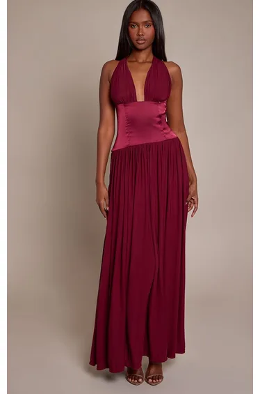 Wine Mesh Plunge Corset Sleeveless Maxi Dress