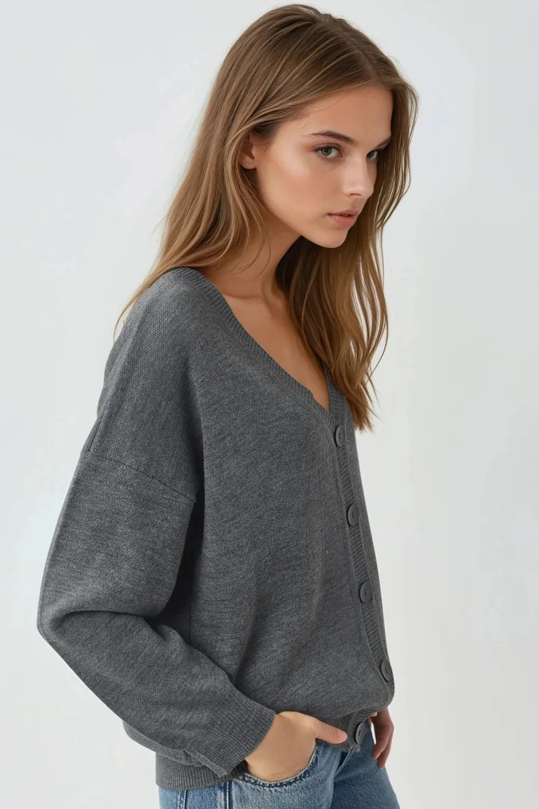 MY FASHION Oversized Ribbed V-Neck Button Cardigan - 2