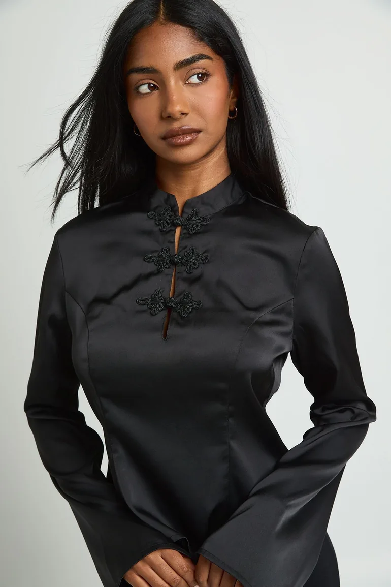 Trim High Neck Blouse - black - 3