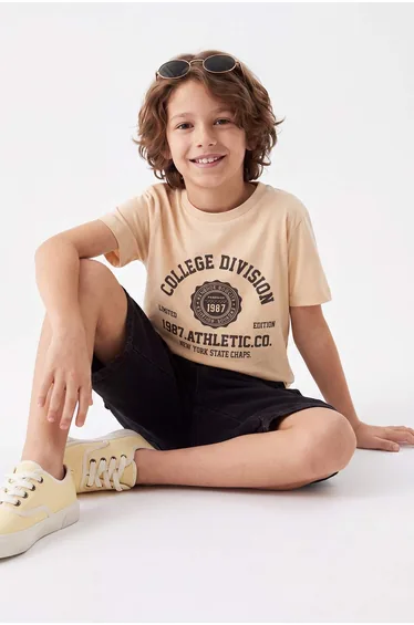 Beige Plain Knitted Boys' Top and Bottom Set