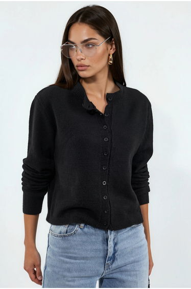 VIORNA Ribbed Crew Neck Button Cardigan