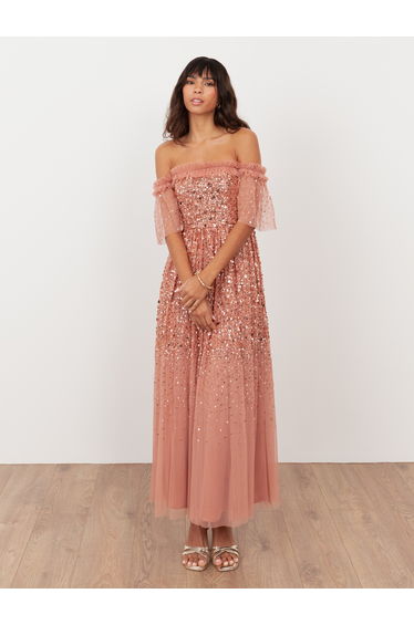 Maya Terracotta Pink Embellished Bardot Midaxi Dress