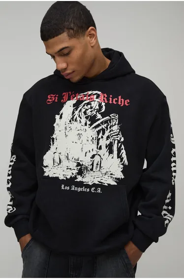 Oversized Gothic Washed Printed Hoodie - washed black