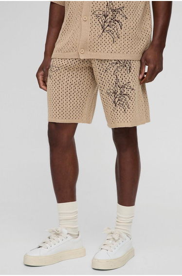 Relaxed Fit Embroidered Crochet Look Knitted Short