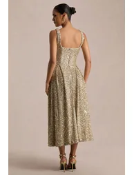 فستان ميدي بتصميم بشكل A بياقة مربعة مزين بالترتر - ذهبي - 1