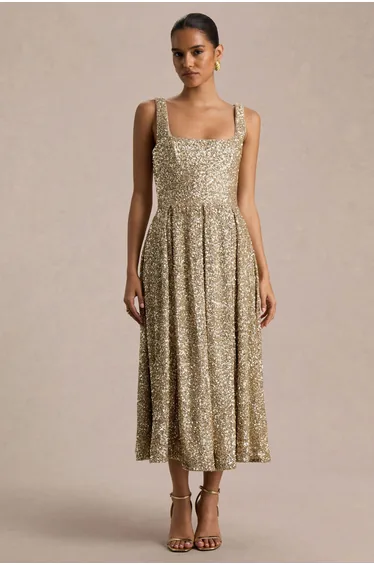 فستان ميدي بتصميم بشكل A بياقة مربعة مزين بالترتر - ذهبي