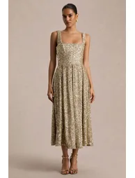 فستان ميدي بتصميم بشكل A بياقة مربعة مزين بالترتر - ذهبي - 3