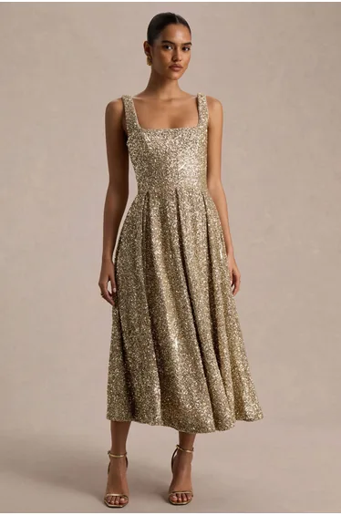 فستان ميدي بتصميم بشكل A بياقة مربعة مزين بالترتر - ذهبي