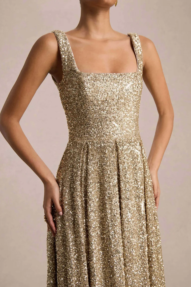 فستان ميدي بتصميم بشكل A بياقة مربعة مزين بالترتر - ذهبي - 2