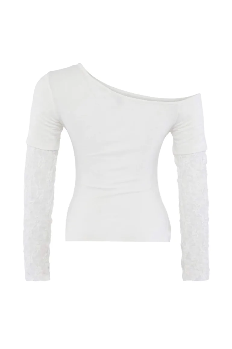 Ecru Fitted/Asymmetrical Collar Lace Detailed Soft Touch Knitted Blouse - 6