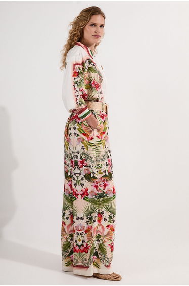 Mirrored Viscose Linen Floral Print With Raffia Belt Woven Trouser