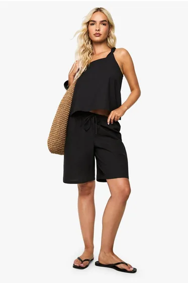 Linen Knot Detail One Shoulder Crop - black