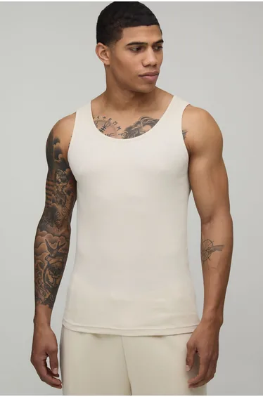 Basic Muscle Fit Ribbed Vest - ecru