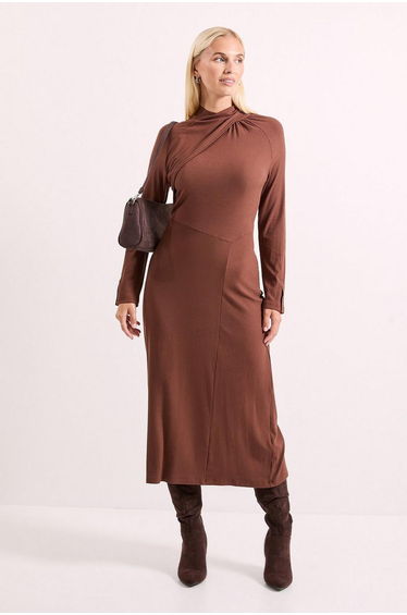 Mocha Twist Detail Ribbed Jersey Midi Dress