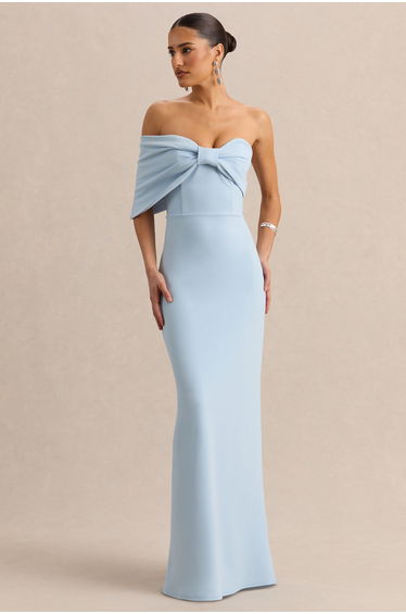 Agatha | Powder Blue Bow Bardot-Neck Maxi Dress