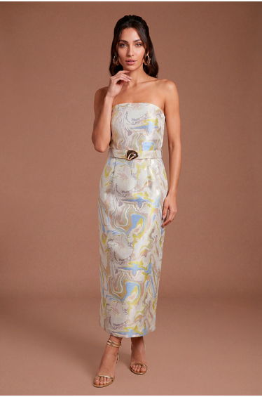 Jacquard Belted Bandeau Pencil Dress