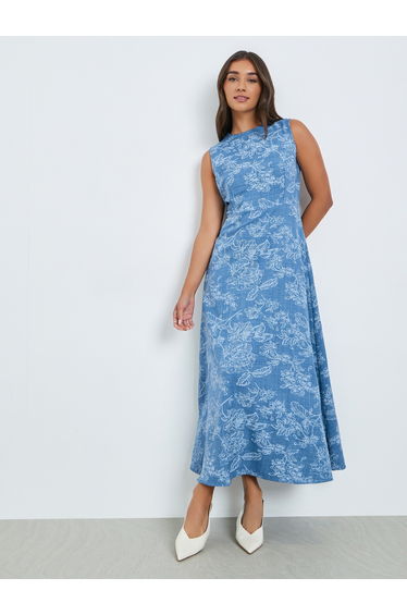 Women Blue Floral Sleeveless Maxi Dress