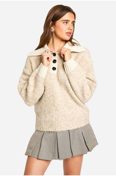 Knitted Oversized Rib Collar Button Up Jumper