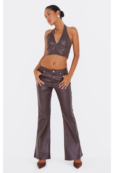 Brown Coated Denim Flared Jeans