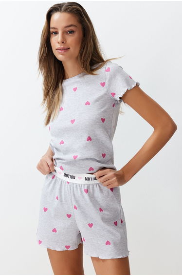Gray Melange Heart Patterned Ribbed Knitted Pajamas Set