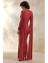 Lysoria | Rust High-Neck Maxi Dress With Draped-Detailing And Cape-Sleeves - 1