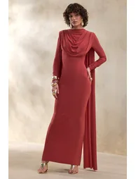 Lysoria | Rust High-Neck Maxi Dress With Draped-Detailing And Cape-Sleeves - 4