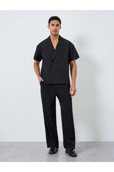 Men Black Notch Collar Double Breasted Oversized Shirt