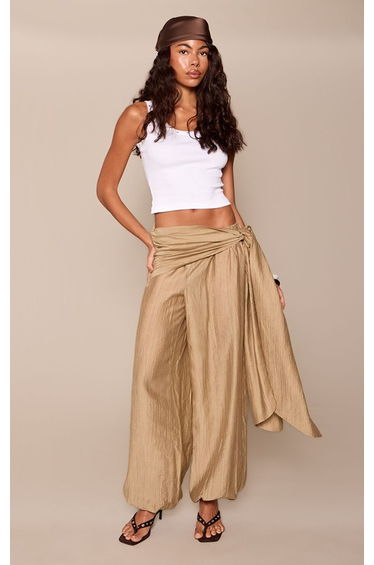 Olive Crinkle Lightweight Woven Wrap Tie Balloon Trousers