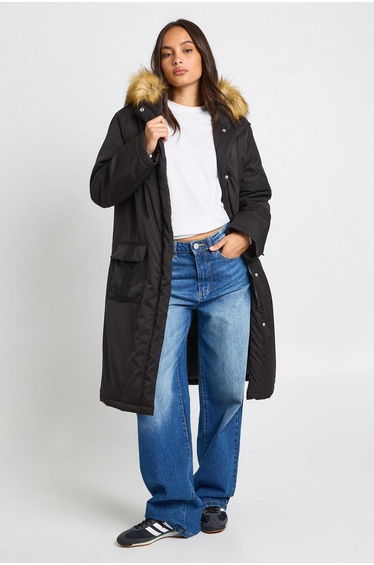 Fur Lined Hooded Parka Coat - black