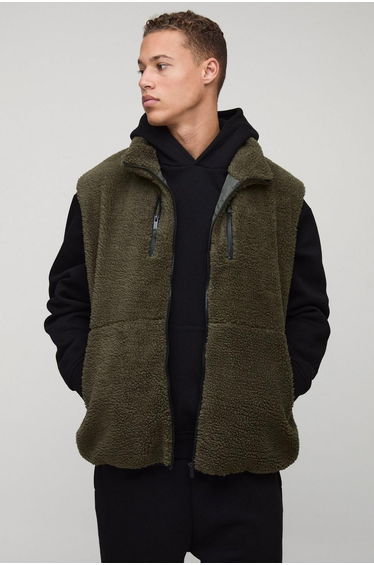 Tall Borg Zip Through Technical Gilet - khaki