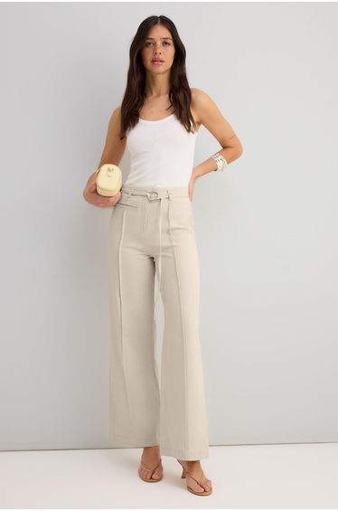 White Cotton Gabardine Belted Wide Leg Trousers